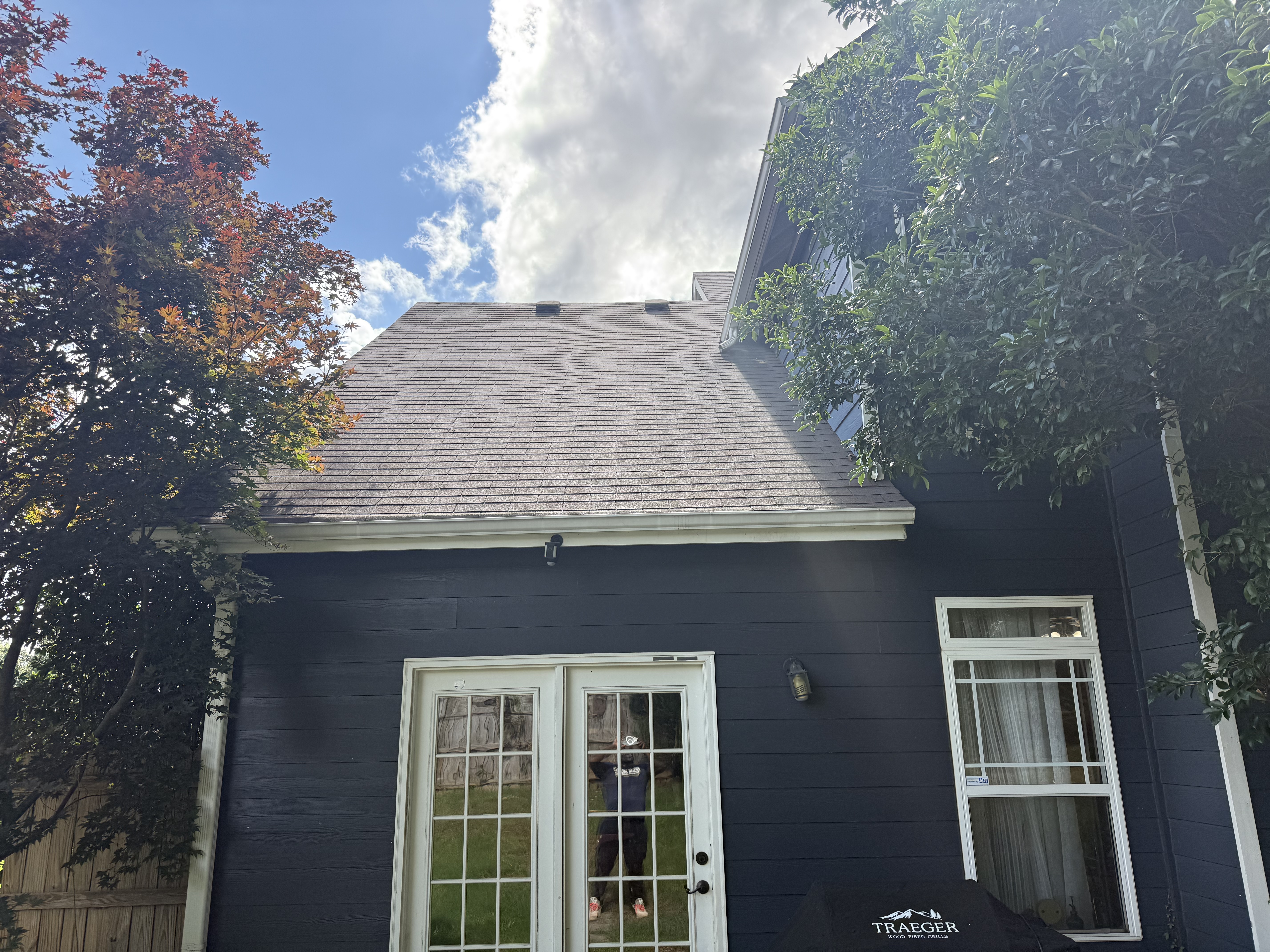 House exterior after soft wash — clean navy siding and roof