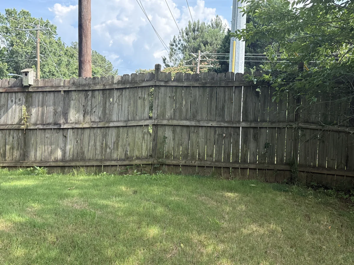 Wood fence before cleaning — heavy green mold and weathering on privacy fence in Atlanta backyard